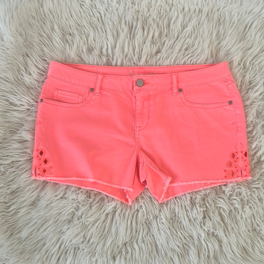 Aeropostale Pink Jean Shorts with Distressed Hem and Floral Details